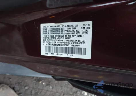 2015 Honda Odyssey Ex-L z USA, uszkodzony, nr VIN 5FNRL5H6XFB083953